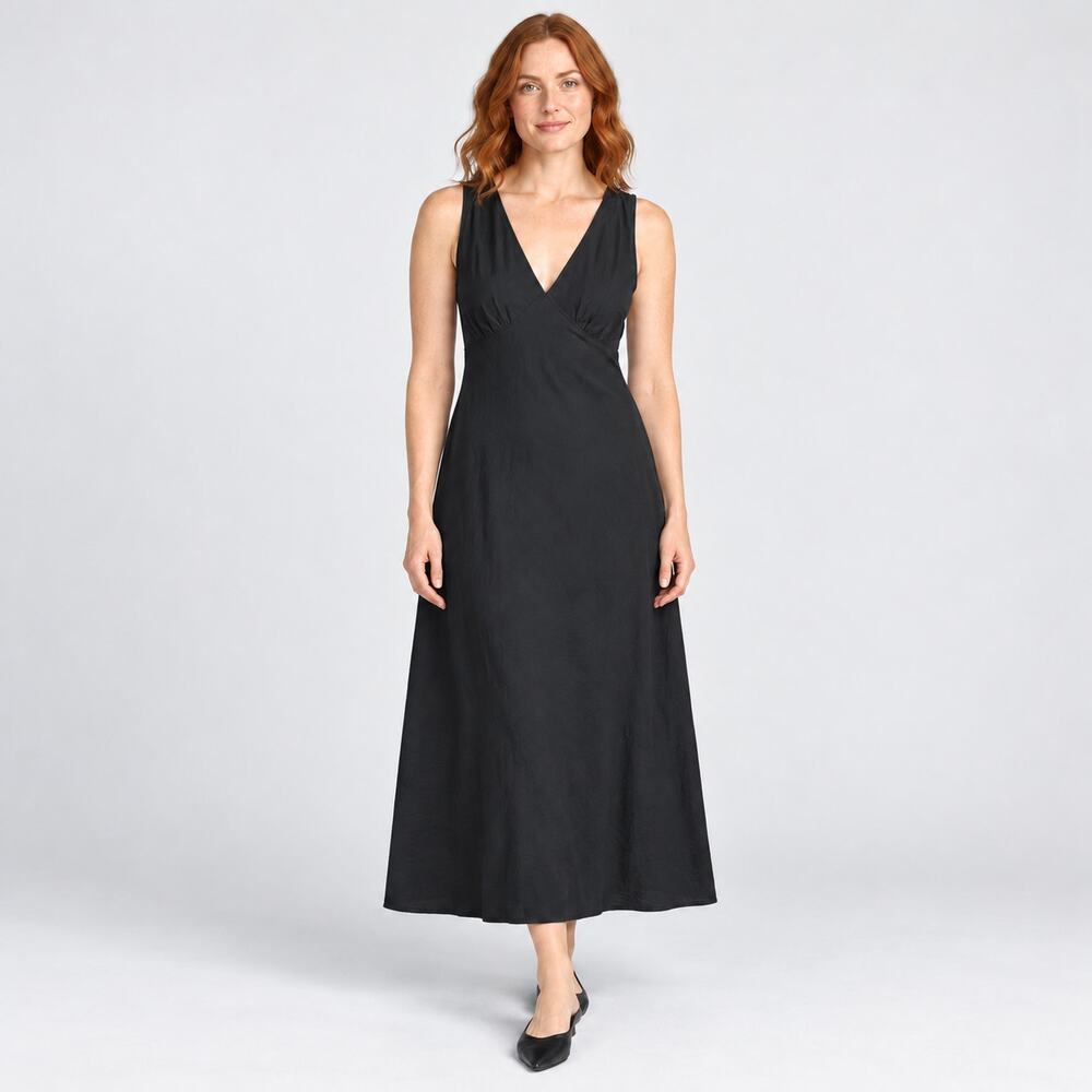 Madewell Dress WMNS 0 Black V Neck Sleeveless Gathered Bust Midi Dark Feminine